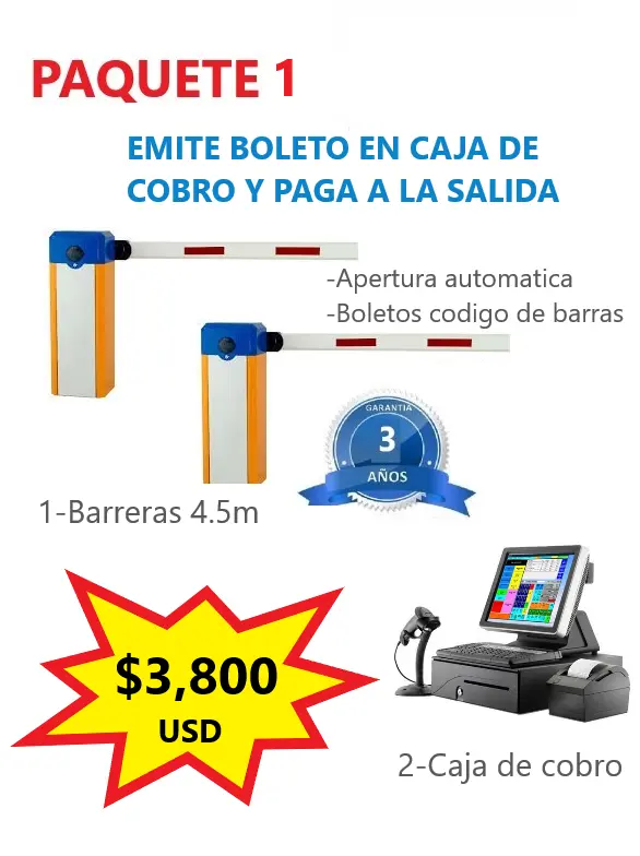 Paquete 1 de automatización de estacionamientos: Kit básico con plumas vehiculares y software de cobro en caseta para Windows
