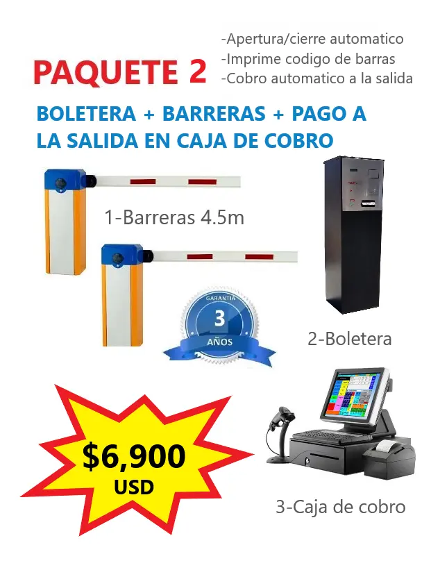 Paquete 2 de sistemas para estacionamientos: Kit automatizado con expedidor desatendido de boletos QR en entrada y cobro manual