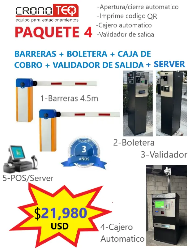 Paquete 4 premium de automatización de estacionamientos: Sistema inteligente 100% desatendido con cajero multimoneda, terminal bancaria y app Parco